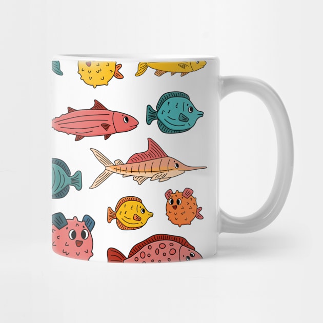 Set of outline different cartoon underwater fish, tang, flounder, tuna, ocean burrfish, sea marlin. Doodle isolated animals by essskina